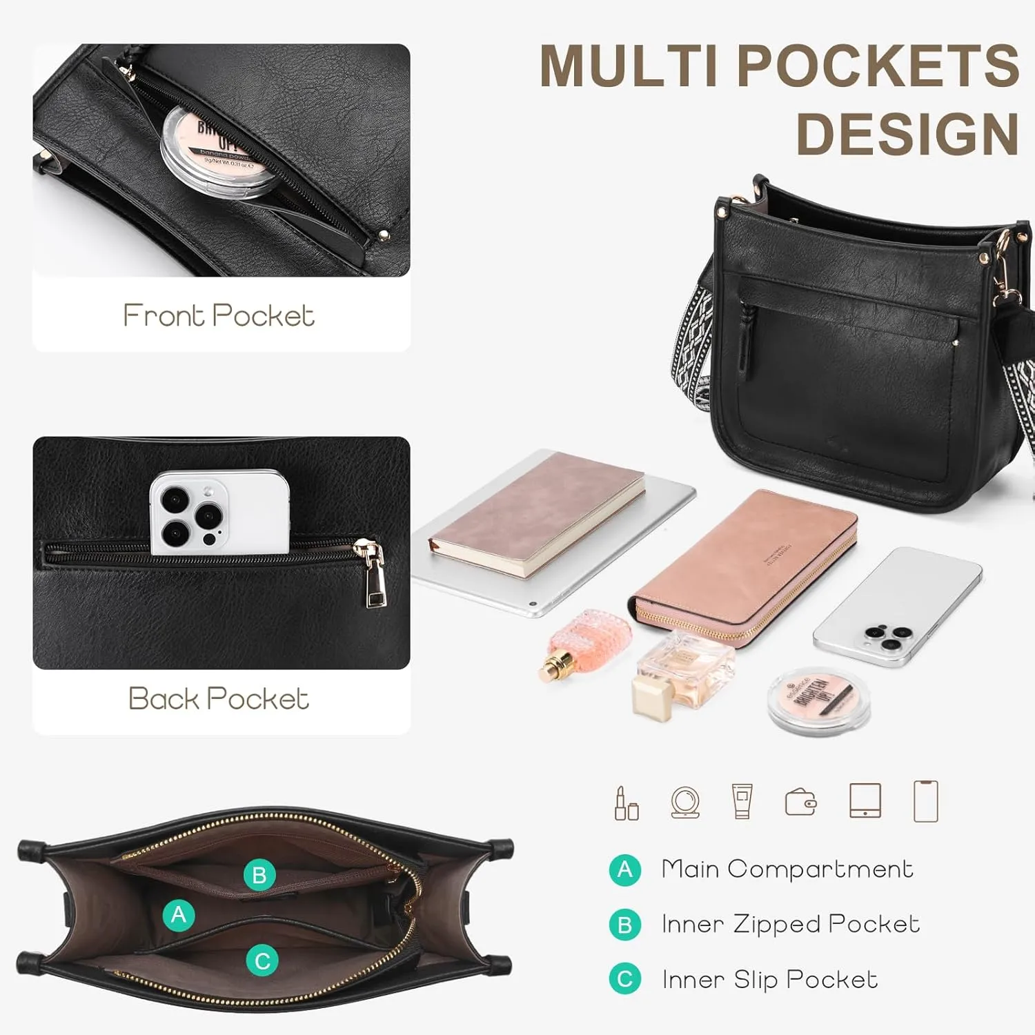 Kasqo Crossbody Bag for Women,Trendy Vegan Leather Handbags Hobo Purse Ladies Shoulder Bags With Guitar Strap