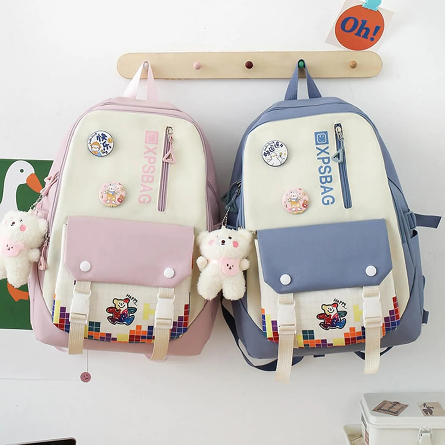 Kawaii 4PCS Backpack Set for Girls with Cute Bear Accessories - School Bookbag, Shoulder Bag, Handbag, Pen Pouch & More Student Back to School Supplies (24A03, Blue)