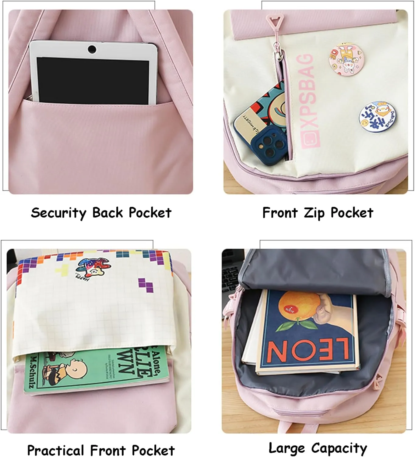 Kawaii 4PCS Backpack Set for Girls with Cute Bear Accessories - School Bookbag, Shoulder Bag, Handbag, Pen Pouch & More Student Back to School Supplies (24A03, Blue)