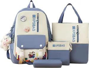 Kawaii 4PCS Backpack Set for Girls with Cute Bear Accessories - School Bookbag, Shoulder Bag, Handbag, Pen Pouch & More Student Back to School Supplies (24A03, Blue)