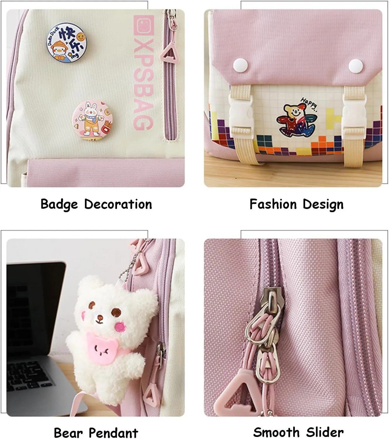 Kawaii 4PCS Backpack Set for Girls with Cute Bear Accessories - School Bookbag, Shoulder Bag, Handbag, Pen Pouch & More Student Back to School Supplies (24A03, Blue)