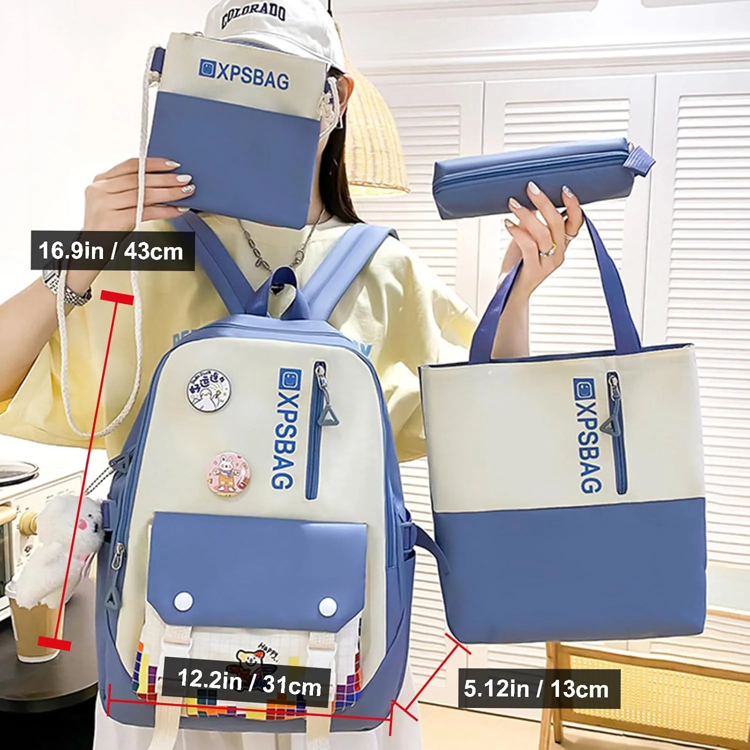 Kawaii 4PCS Backpack Set for Girls with Cute Bear Accessories - School Bookbag, Shoulder Bag, Handbag, Pen Pouch & More Student Back to School Supplies (24A03, Blue)