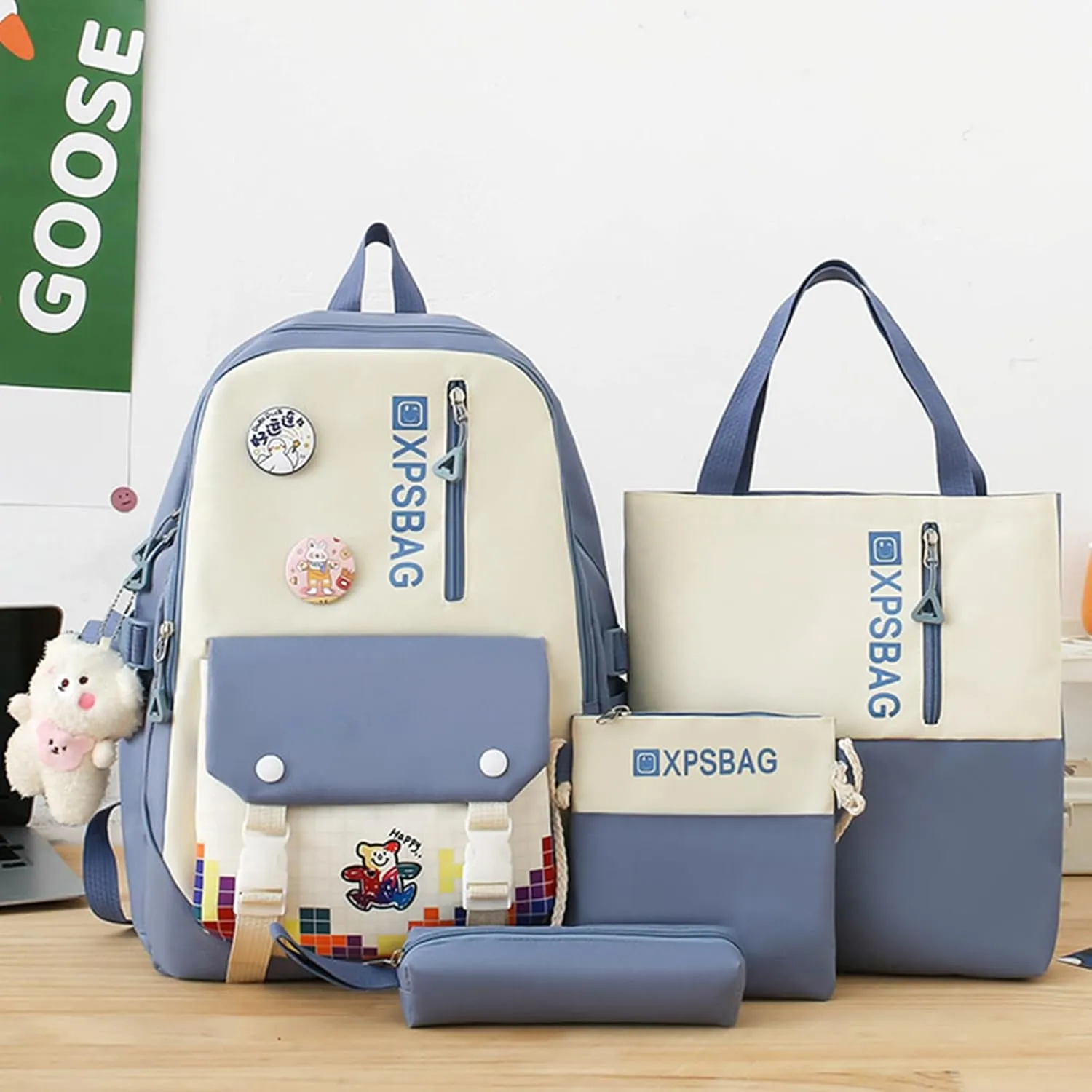 Kawaii 4PCS Backpack Set for Girls with Cute Bear Accessories - School Bookbag, Shoulder Bag, Handbag, Pen Pouch & More Student Back to School Supplies (24A03, Blue)
