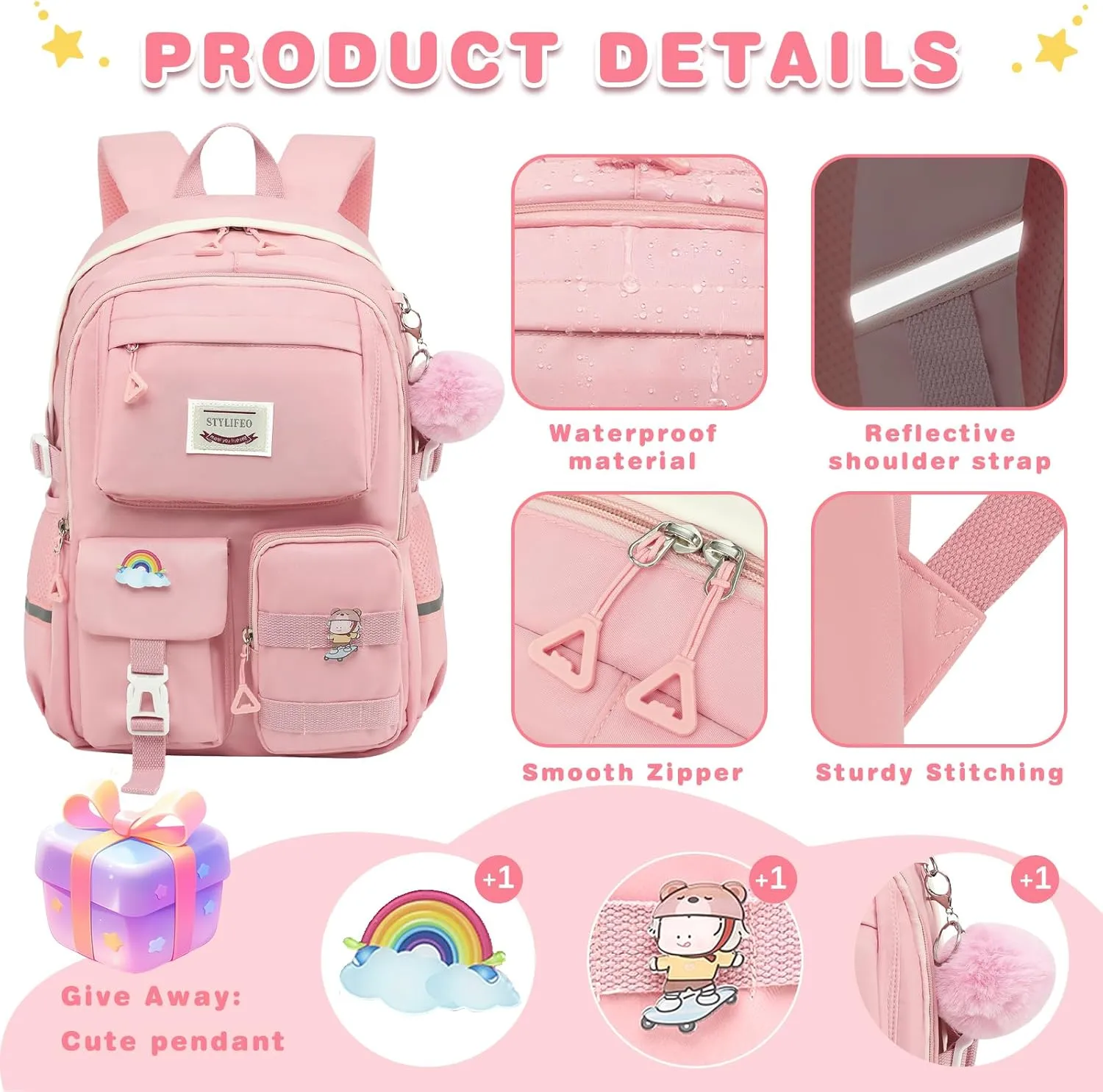 Kawaii Girls Backpack for School Cute Teenage Bookbag With Multiple Pockets for Primary Elementary High School,Purple