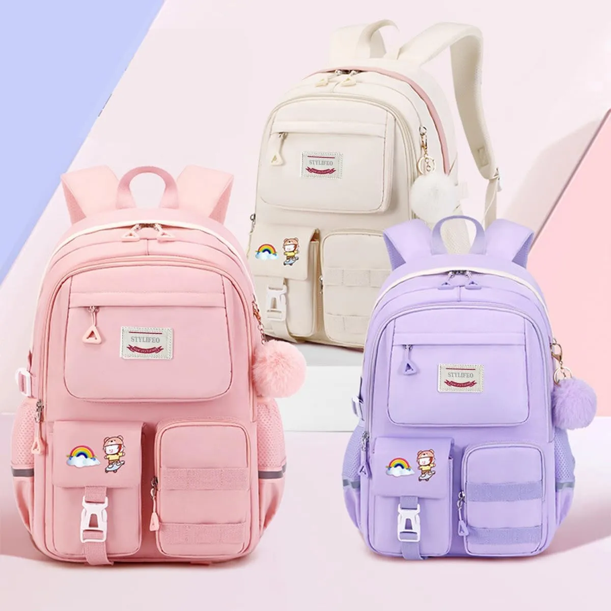 Kawaii Girls Backpack for School Cute Teenage Bookbag With Multiple Pockets for Primary Elementary High School,Purple