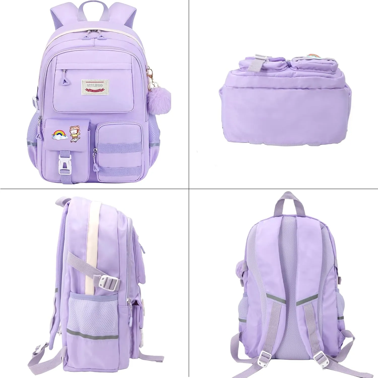 Kawaii Girls Backpack for School Cute Teenage Bookbag With Multiple Pockets for Primary Elementary High School,Purple