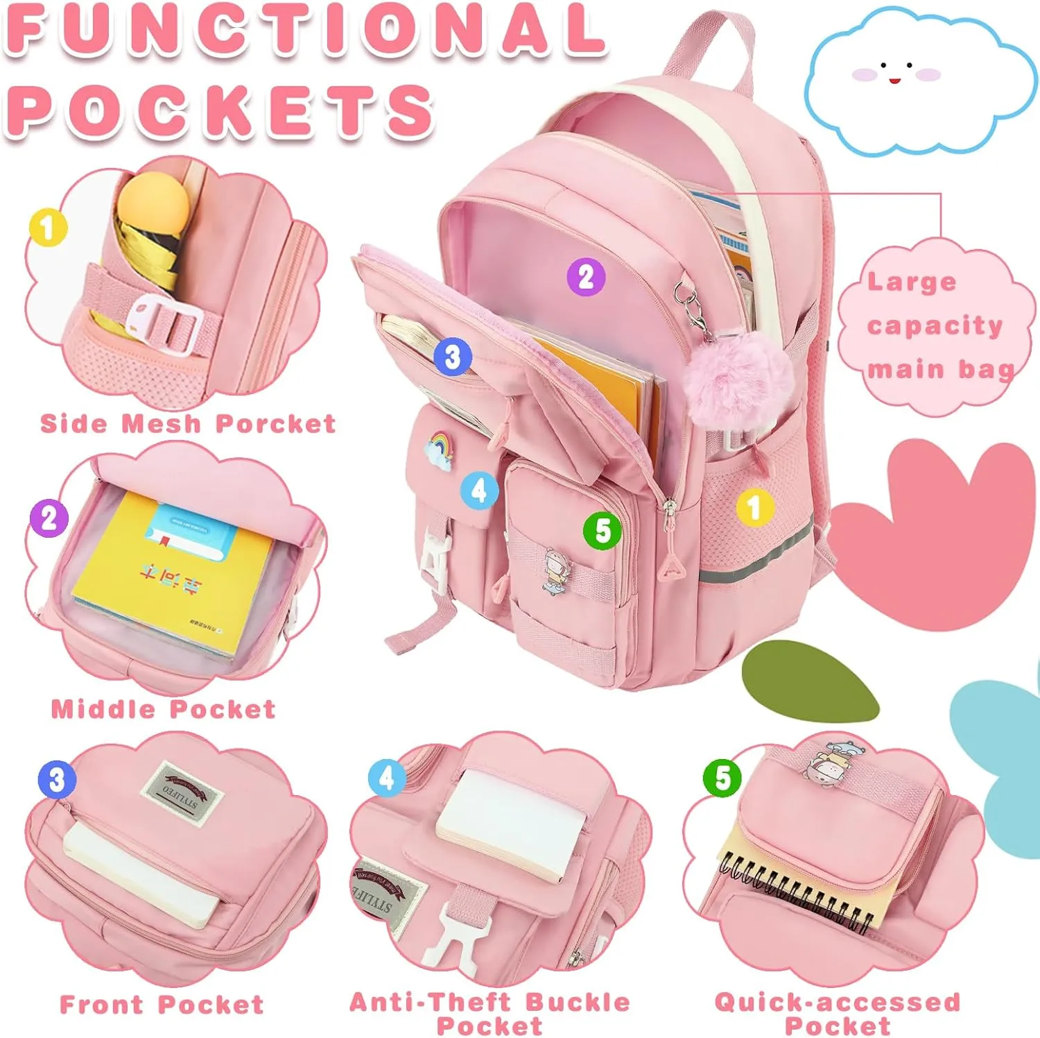 Kawaii Girls Backpack for School Cute Teenage Bookbag With Multiple Pockets for Primary Elementary High School,Purple