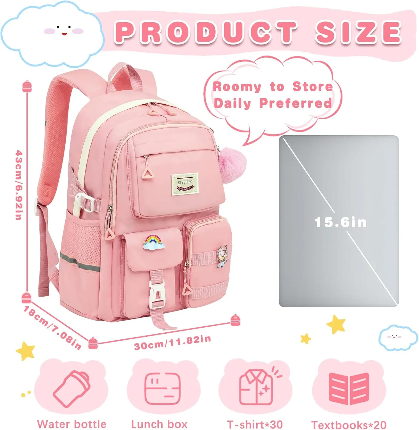 Kawaii Girls Backpack for School Cute Teenage Bookbag With Multiple Pockets for Primary Elementary High School,Purple