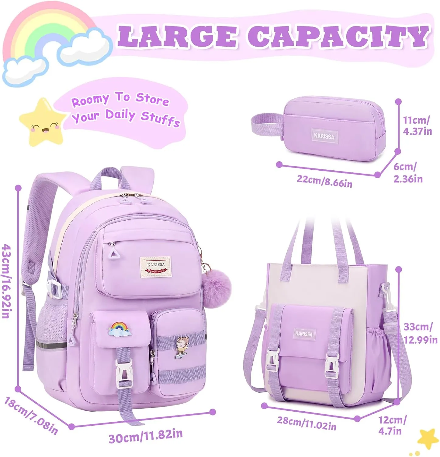 Kawaii Girls Backpack for School with Convertible Shoulder Tote Bag，Cute Teenage Multiple Pockets Backpack for Primary Elementary High School, Purple 3 Pcs Set