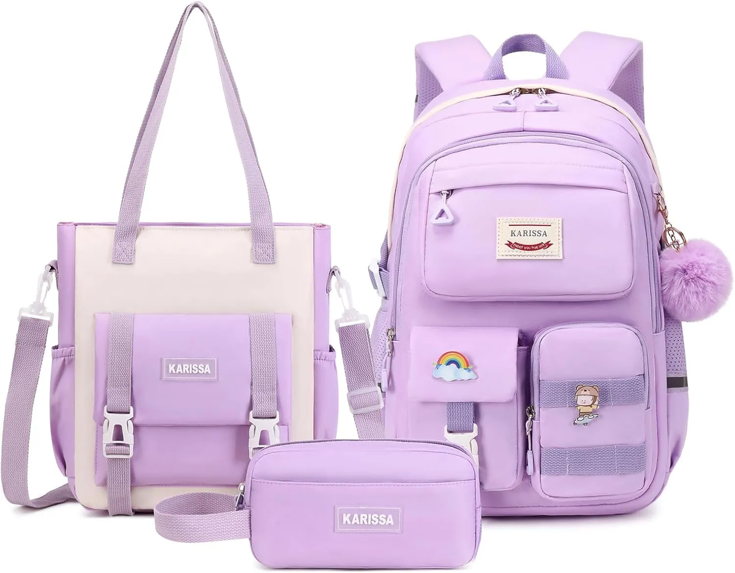 Kawaii Girls Backpack for School with Convertible Shoulder Tote Bag，Cute Teenage Multiple Pockets Backpack for Primary Elementary High School, Purple 3 Pcs Set