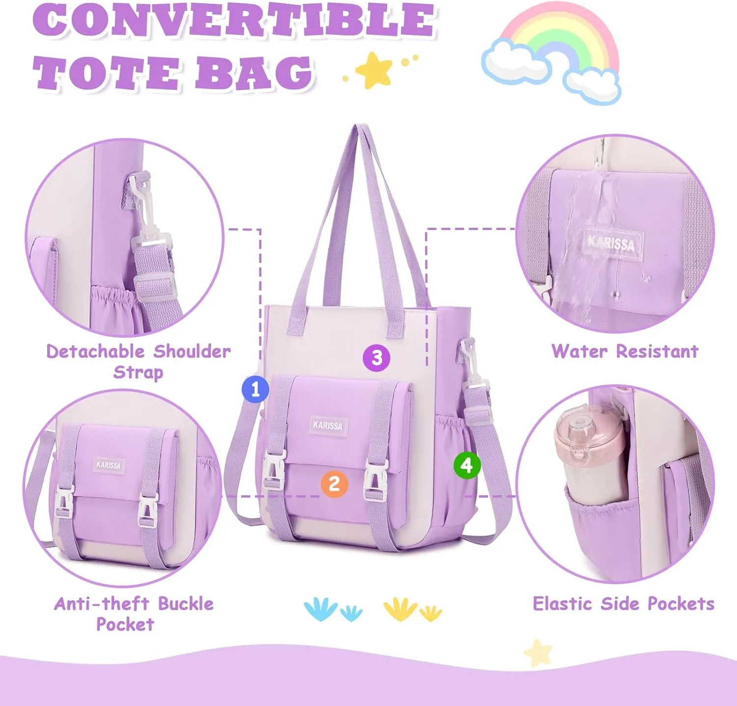 Kawaii Girls Backpack for School with Convertible Shoulder Tote Bag，Cute Teenage Multiple Pockets Backpack for Primary Elementary High School, Purple 3 Pcs Set