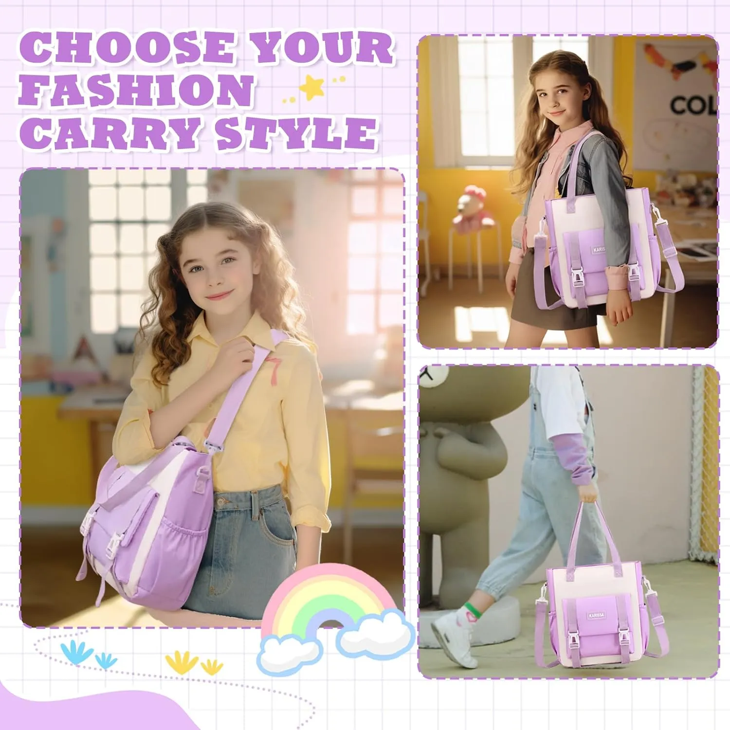 Kawaii Girls Backpack for School with Convertible Shoulder Tote Bag，Cute Teenage Multiple Pockets Backpack for Primary Elementary High School, Purple 3 Pcs Set