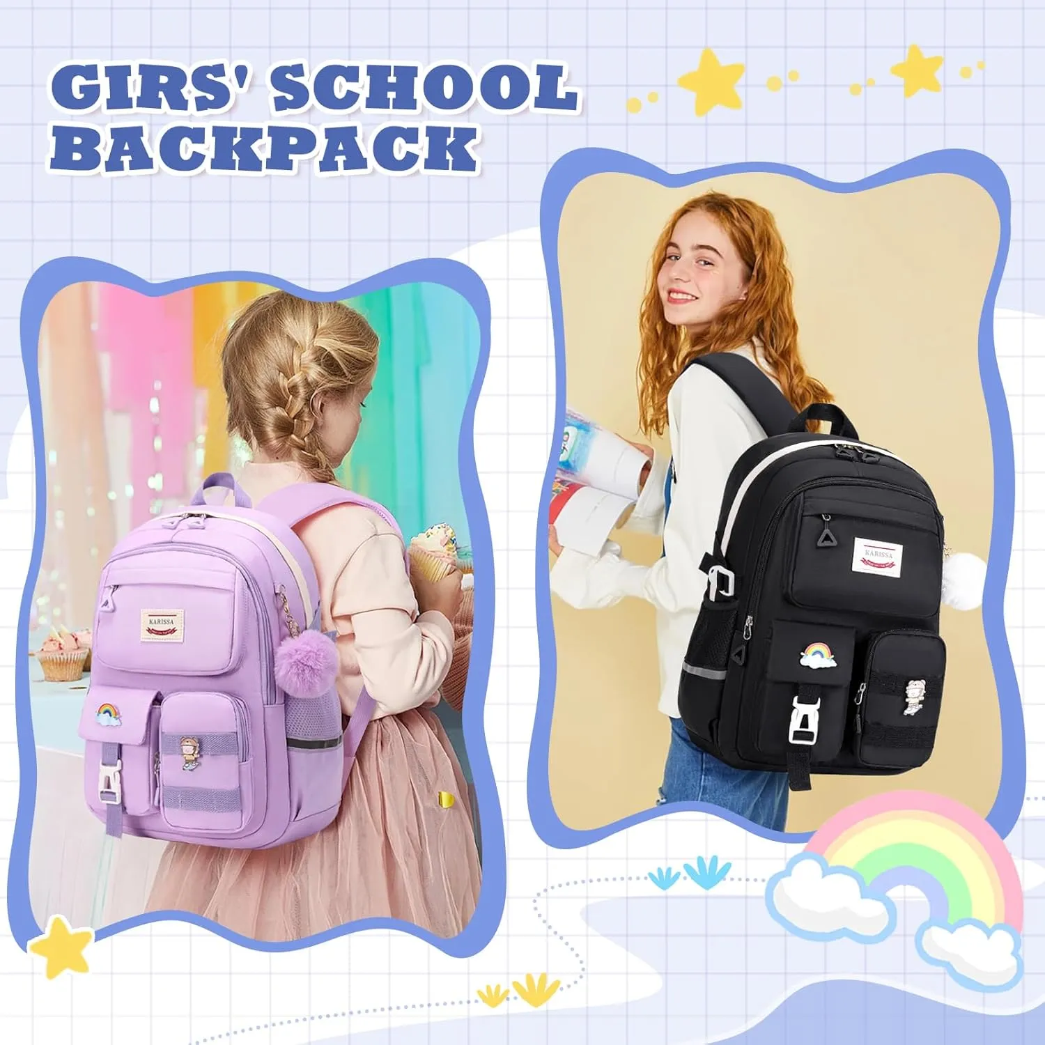 Kawaii Girls Backpack for School with Convertible Shoulder Tote Bag，Cute Teenage Multiple Pockets Backpack for Primary Elementary High School, Purple 3 Pcs Set