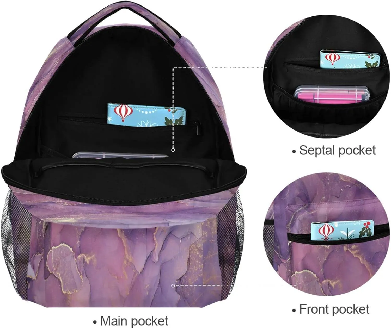Kcldeci Purple Marble Backpack for Kids Girls Small Backpack Kindergarten School Bookbags for Toddler Travel