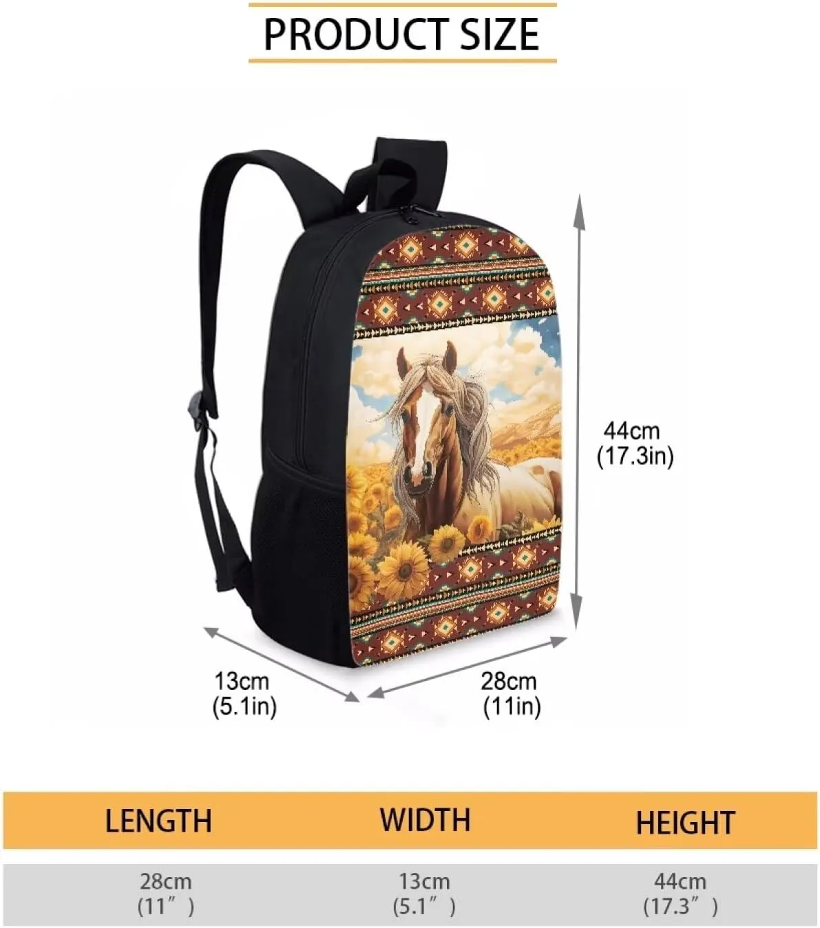 KEIAHUAN 3 Pcs Backpack Set School Backpack for Girls Boys Primary School School Bags Bookbag Students Knapsack ith Insulated Lunch Tote and Pencil Pouch Aztec Sunflower Horse Print