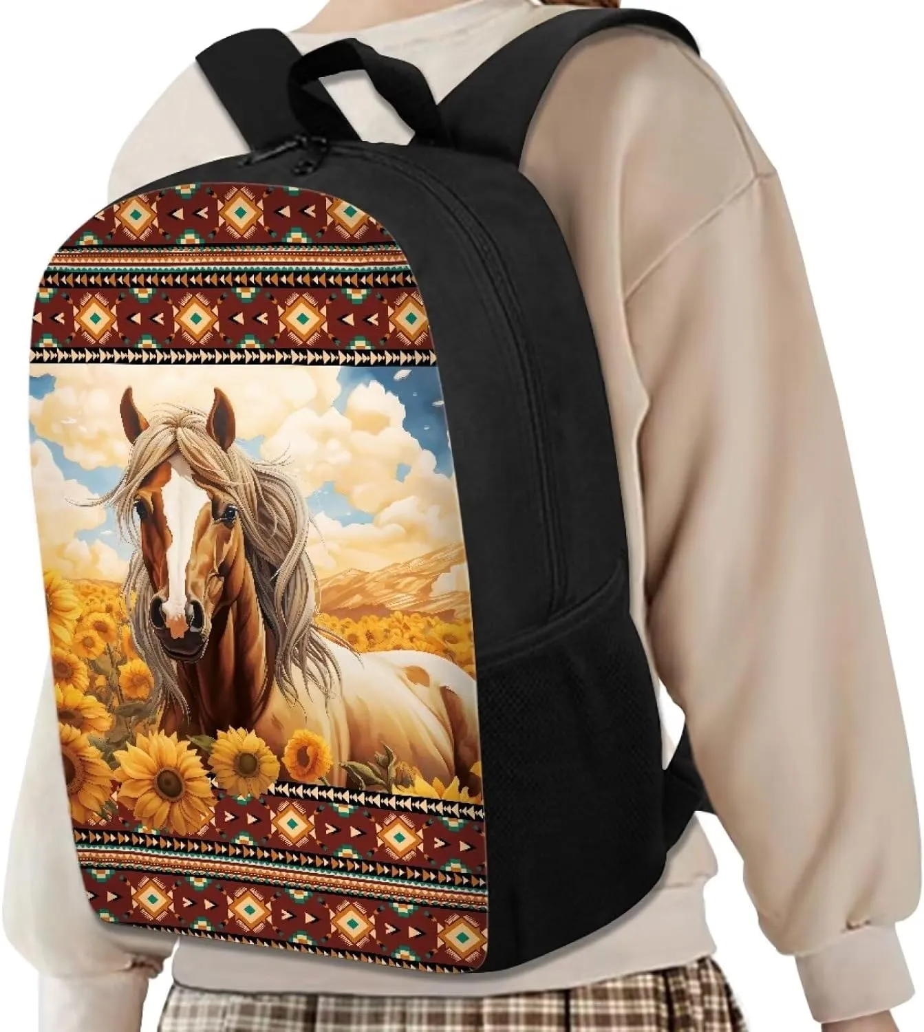 KEIAHUAN 3 Pcs Backpack Set School Backpack for Girls Boys Primary School School Bags Bookbag Students Knapsack ith Insulated Lunch Tote and Pencil Pouch Aztec Sunflower Horse Print
