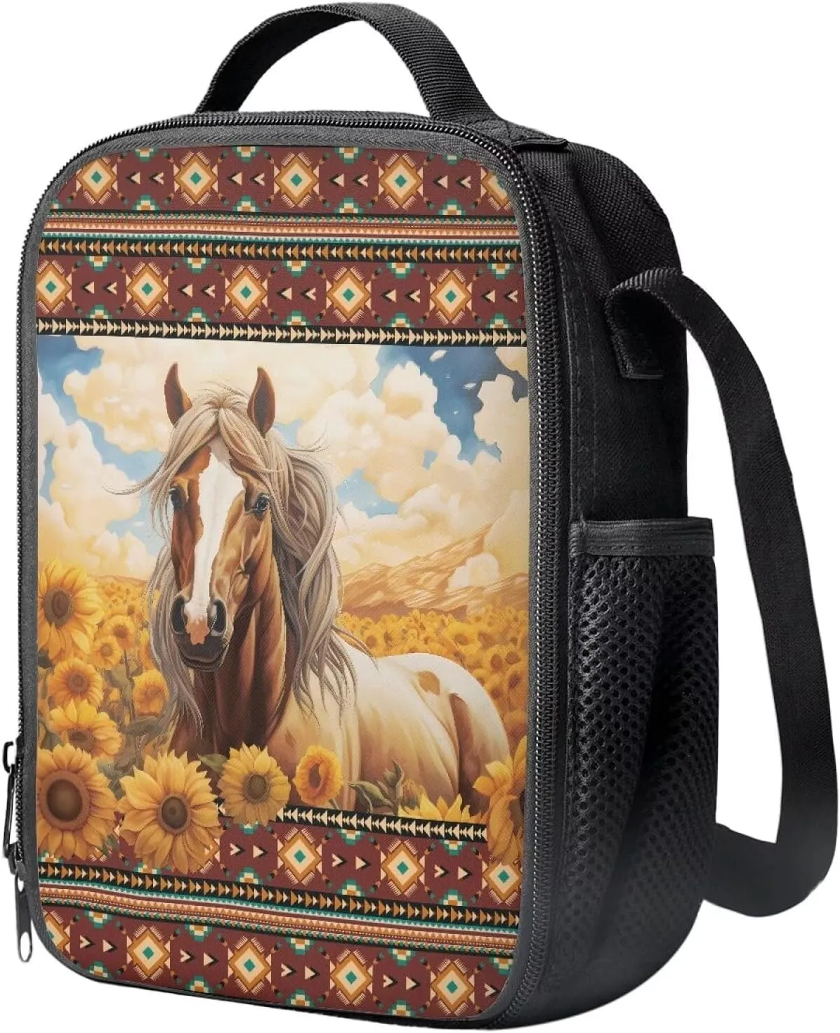 KEIAHUAN 3 Pcs Backpack Set School Backpack for Girls Boys Primary School School Bags Bookbag Students Knapsack ith Insulated Lunch Tote and Pencil Pouch Aztec Sunflower Horse Print