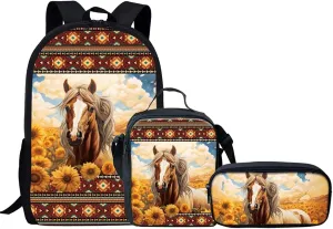KEIAHUAN 3 Pcs Backpack Set School Backpack for Girls Boys Primary School School Bags Bookbag Students Knapsack ith Insulated Lunch Tote and Pencil Pouch Aztec Sunflower Horse Print