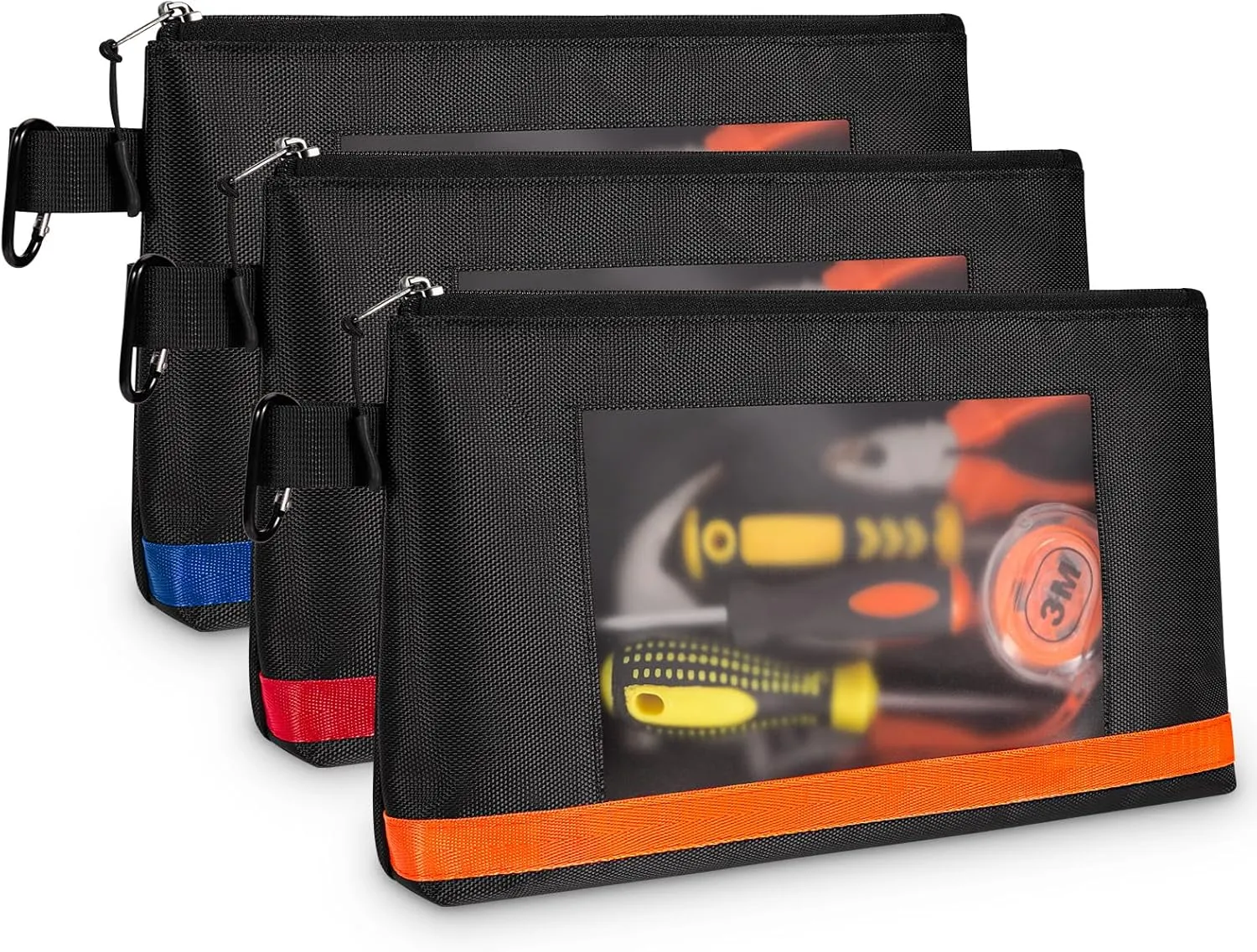 KENOBE 13" Tool Pouches with Zipper, Heavy Duty Small Tool Bag with Visible Window, Multipurpose Storage Utility Pouch for Tools, Gadgets, Cosmetics, Stationery, Travel Accessories, 3 Pack
