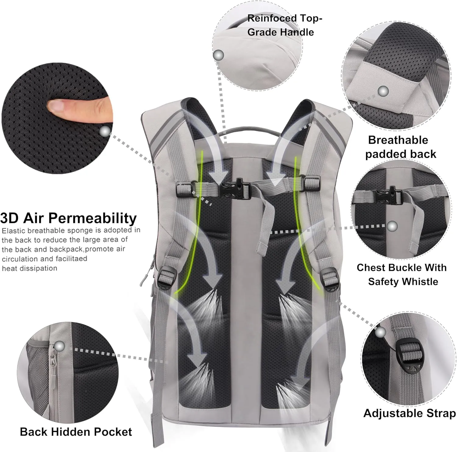 KEOFID Casual Daypacks Backpack for Men and Women, Hiking Backpack, Travel Backpack, Black Backpack for Sports, College Backpack, Water Resistant(Light Grey)