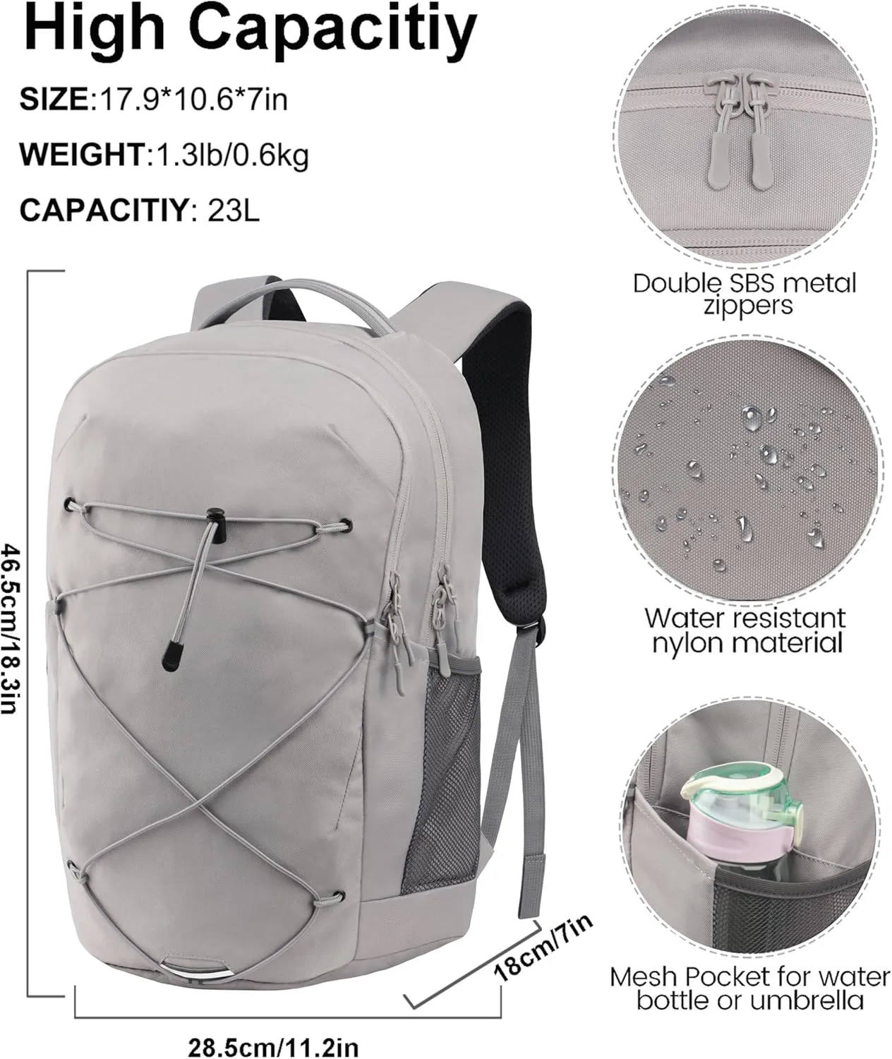 KEOFID Casual Daypacks Backpack for Men and Women, Hiking Backpack, Travel Backpack, Black Backpack for Sports, College Backpack, Water Resistant(Light Grey)