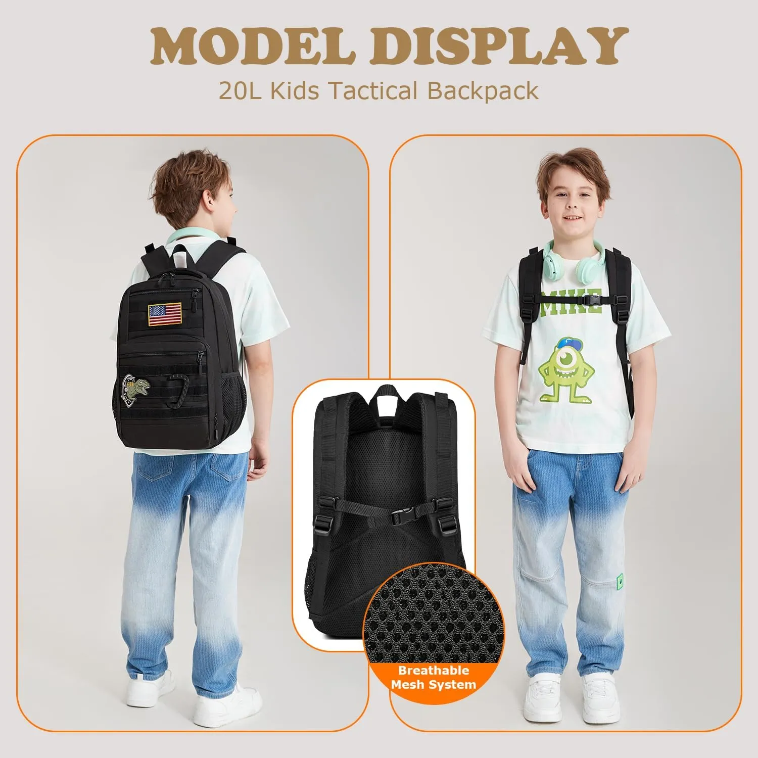 Kids Backpack for Boys 20L Kids Tactical Backpack Kindergarten School Bag Lightweight Bookbag Children Daypack (Black)