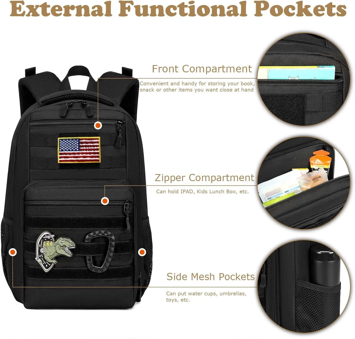 Kids Backpack for Boys 20L Kids Tactical Backpack Kindergarten School Bag Lightweight Bookbag Children Daypack (Black)