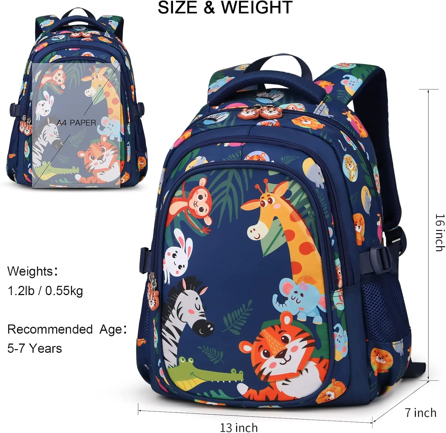 Kids Backpack for Boys Elementary Kindergarten Cute Lightweight zoo Dinosaur Preschool School Bag 16 inch Multifunctional Large Capacity Waterproof Durable Travel Backpack