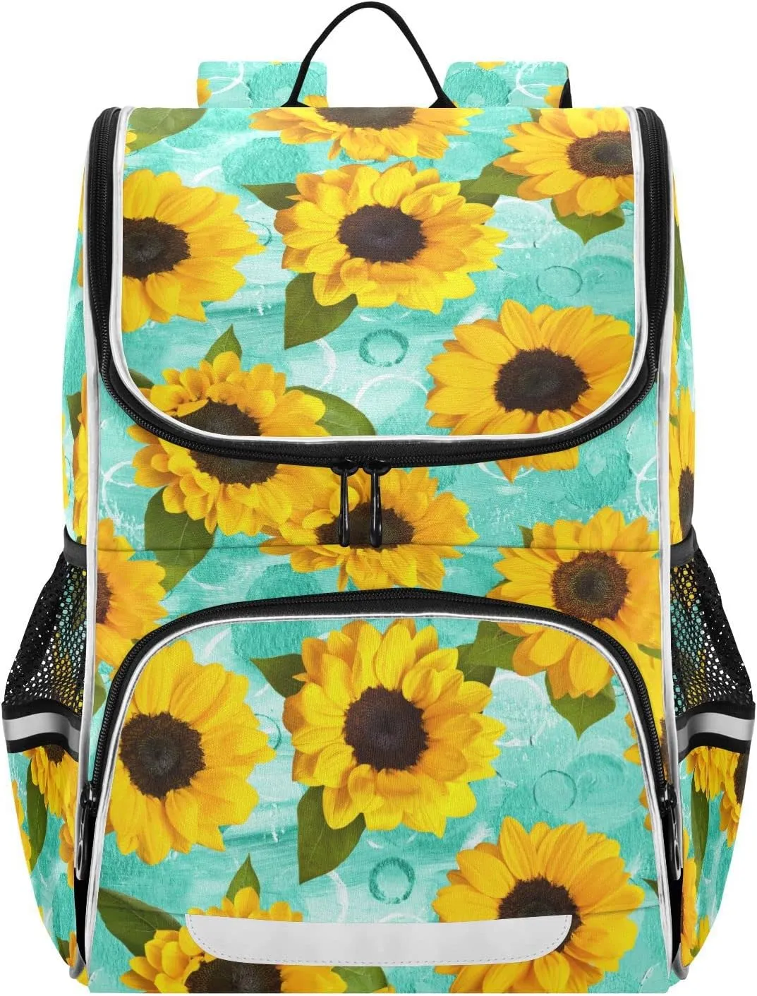Kids Backpack for Boys Girls with Reflective Stripes16 inch Sunflowers Teal Spring Backpack for School Floral Yellow Green School Bag Elementary Student Bookbag Daypack for Travel Hiking