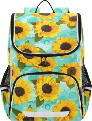 Kids Backpack for Boys Girls with Reflective Stripes16 inch Sunflowers Teal Spring Backpack for School Floral Yellow Green School Bag Elementary Student Bookbag Daypack for Travel Hiking