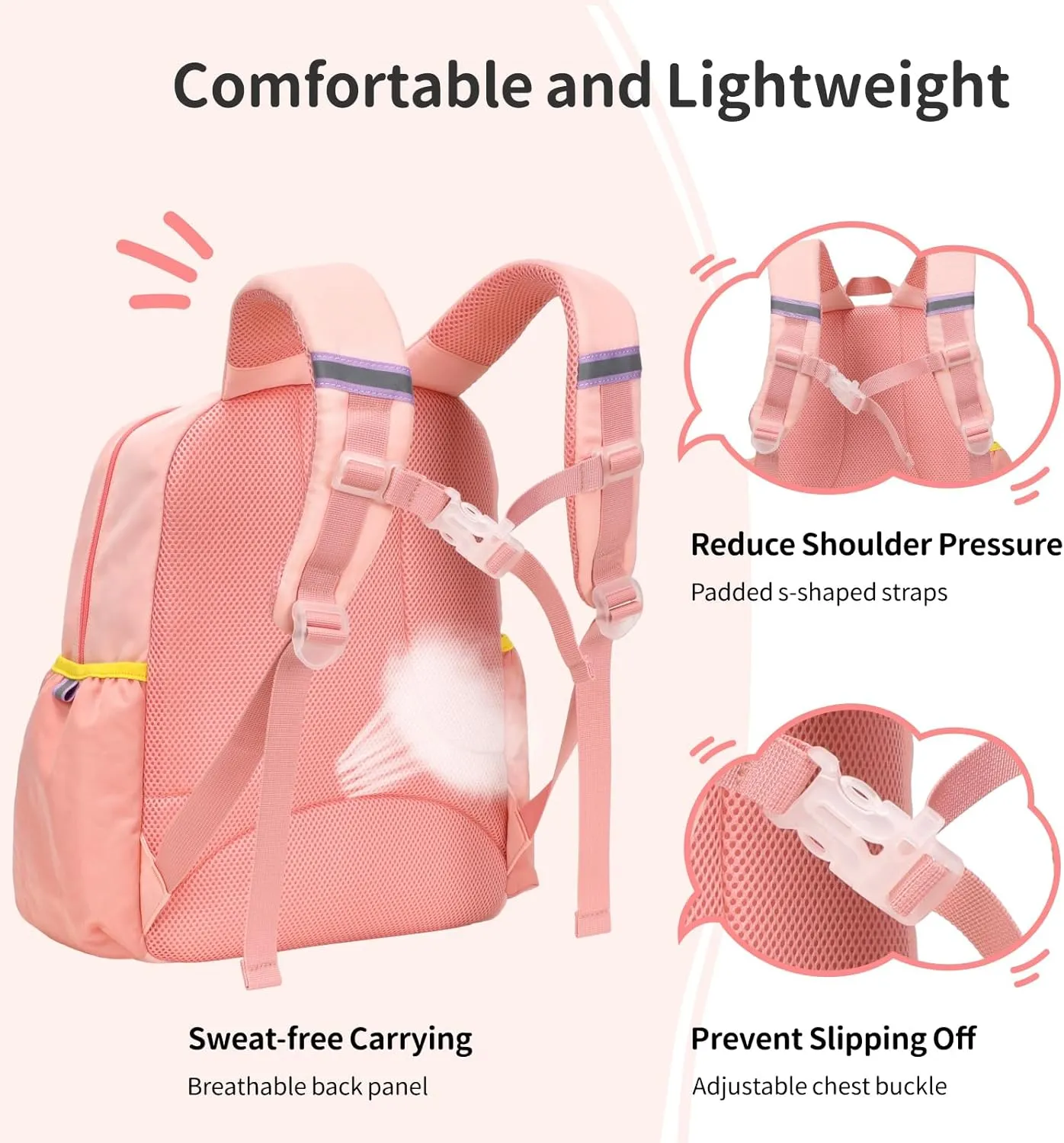 Kids Backpack for Girls - 15 Inch Preschool Kindergarten Bookbag for Children 3 to 8, Lightweight School Bags for 1st 2nd Grade, Kids Travel Backpack with Reflective Stripe, Pink Rainbow