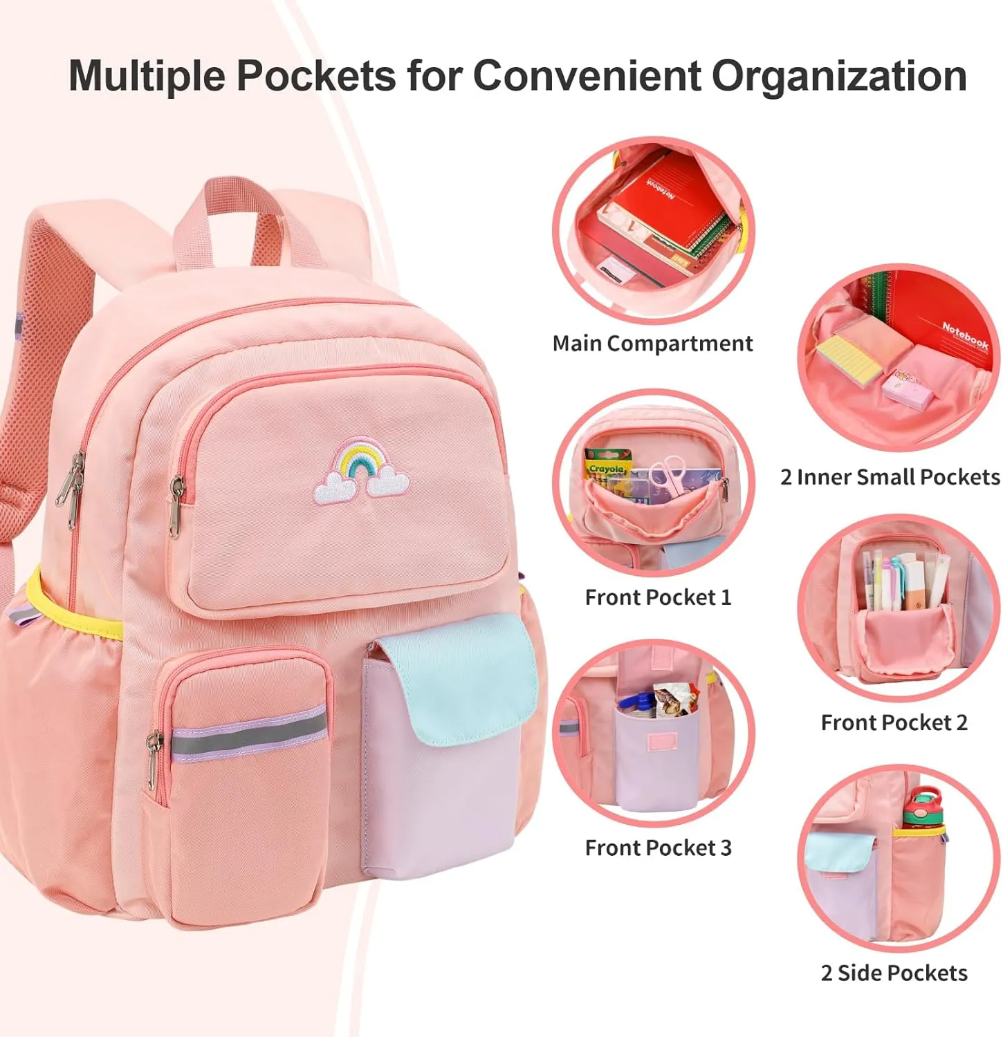 Kids Backpack for Girls - 15 Inch Preschool Kindergarten Bookbag for Children 3 to 8, Lightweight School Bags for 1st 2nd Grade, Kids Travel Backpack with Reflective Stripe, Pink Rainbow