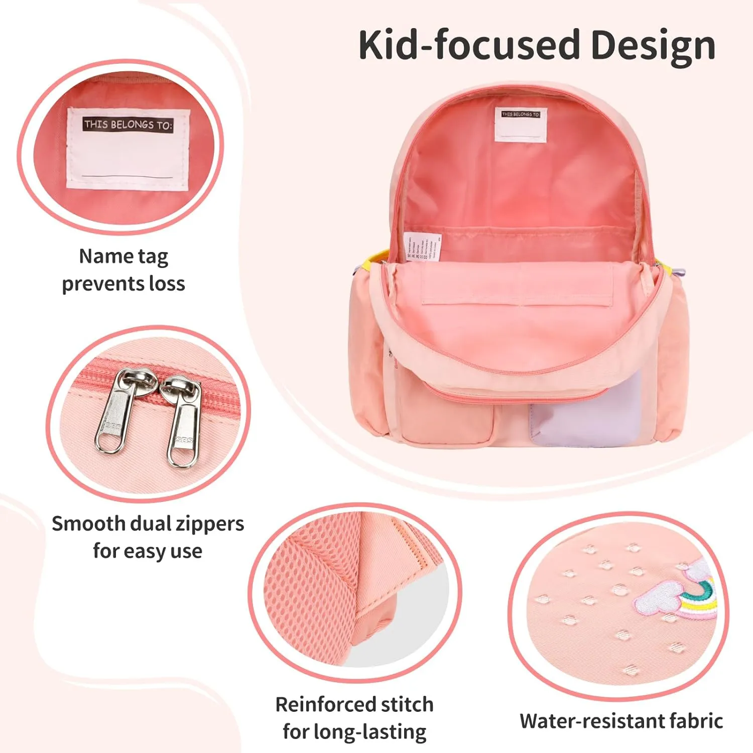 Kids Backpack for Girls - 15 Inch Preschool Kindergarten Bookbag for Children 3 to 8, Lightweight School Bags for 1st 2nd Grade, Kids Travel Backpack with Reflective Stripe, Pink Rainbow