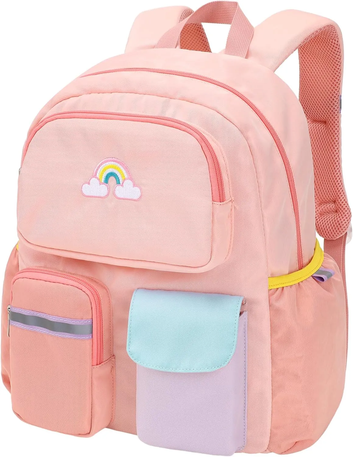 Kids Backpack for Girls - 15 Inch Preschool Kindergarten Bookbag for Children 3 to 8, Lightweight School Bags for 1st 2nd Grade, Kids Travel Backpack with Reflective Stripe, Pink Rainbow