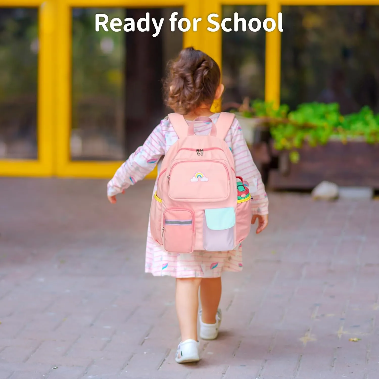 Kids Backpack for Girls - 15 Inch Preschool Kindergarten Bookbag for Children 3 to 8, Lightweight School Bags for 1st 2nd Grade, Kids Travel Backpack with Reflective Stripe, Pink Rainbow