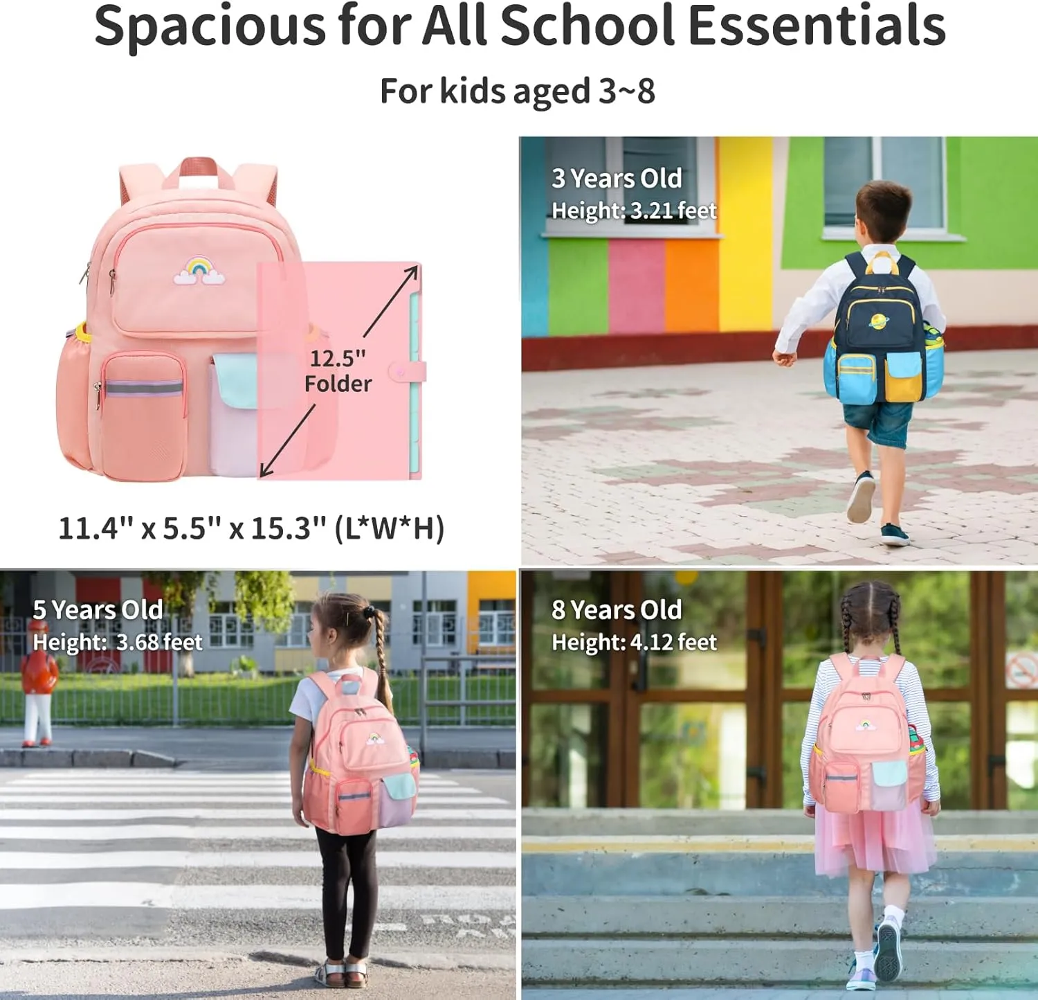 Kids Backpack for Girls - 15 Inch Preschool Kindergarten Bookbag for Children 3 to 8, Lightweight School Bags for 1st 2nd Grade, Kids Travel Backpack with Reflective Stripe, Pink Rainbow