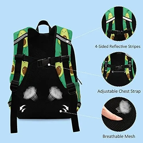 Kid's Backpack for Girls Cute Funny Avocado Schoolbag Reflective Stripe, Travel Toddler Backpack with Chest Strap Kindergarten Children Bag Preschool Bag