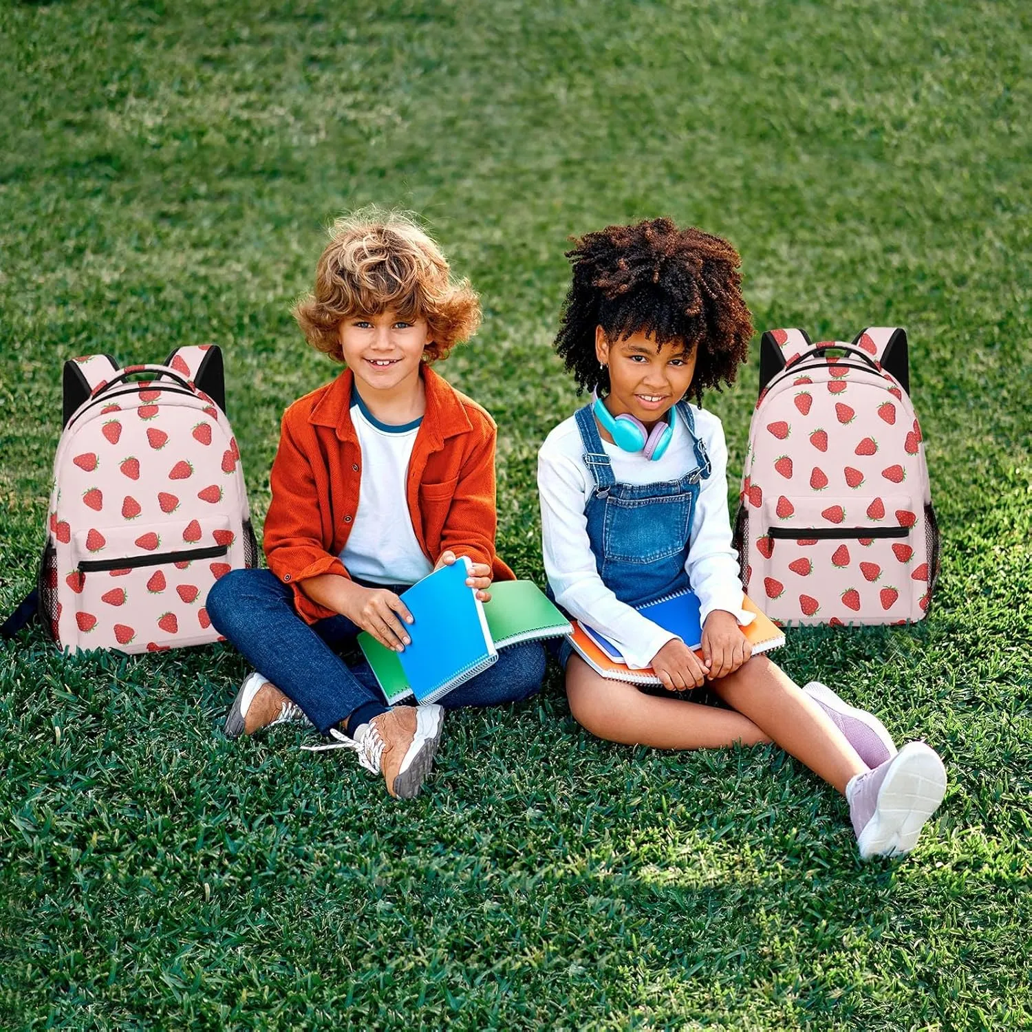 Kids Backpack for Teens Girls Boys, Strawberry Fruit Flower Summer Red Pink Water Resistant Child Bookbag School Bag with Adjustable Padded Straps