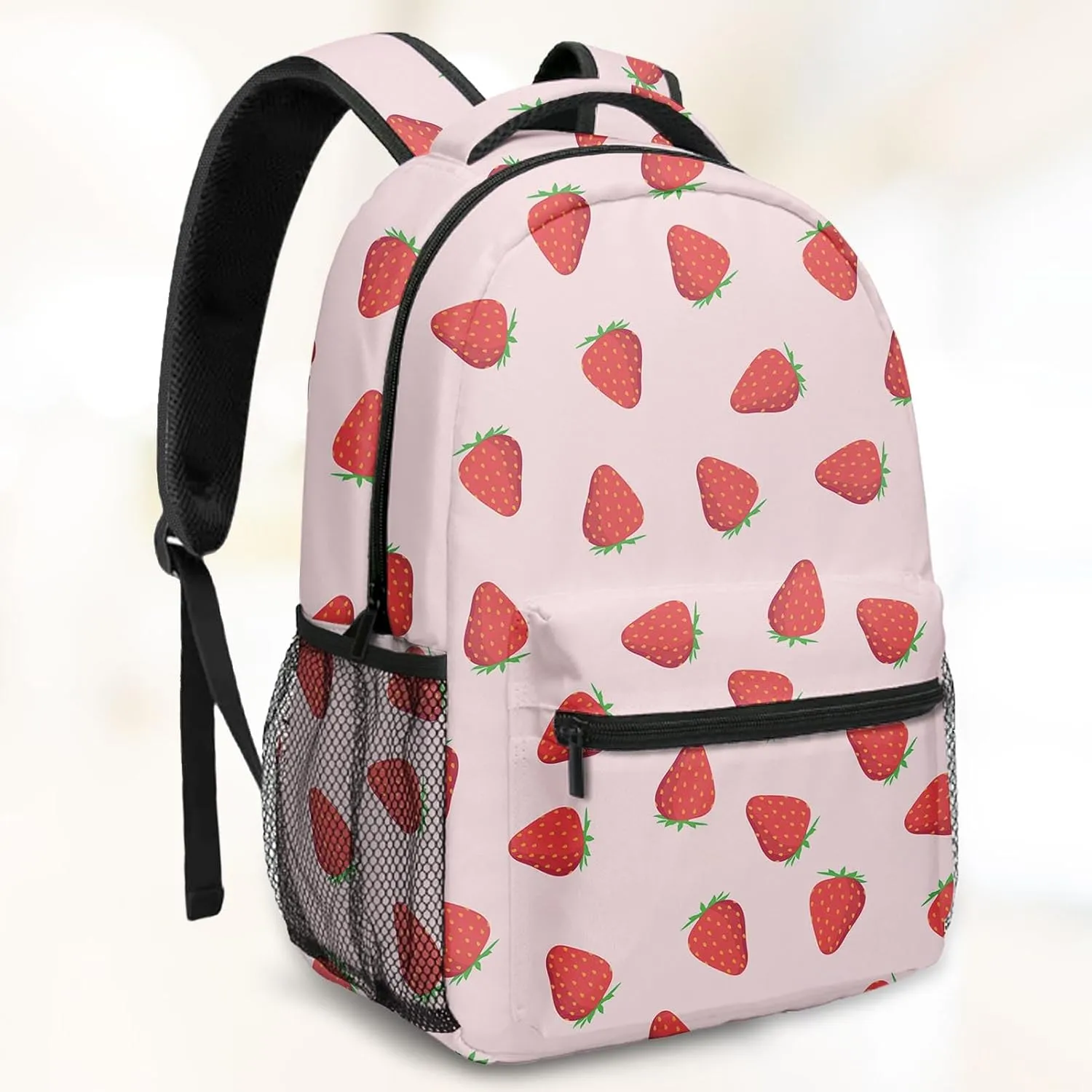 Kids Backpack for Teens Girls Boys, Strawberry Fruit Flower Summer Red Pink Water Resistant Child Bookbag School Bag with Adjustable Padded Straps