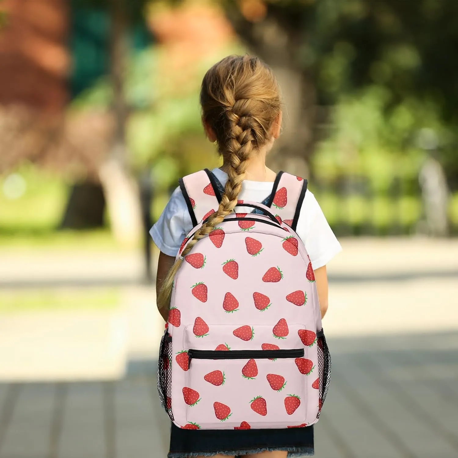 Kids Backpack for Teens Girls Boys, Strawberry Fruit Flower Summer Red Pink Water Resistant Child Bookbag School Bag with Adjustable Padded Straps