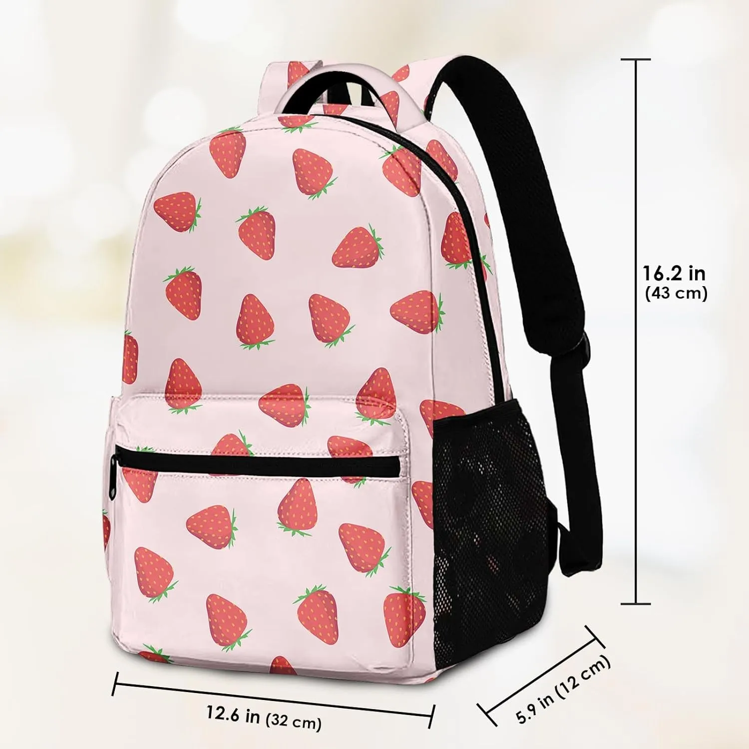 Kids Backpack for Teens Girls Boys, Strawberry Fruit Flower Summer Red Pink Water Resistant Child Bookbag School Bag with Adjustable Padded Straps
