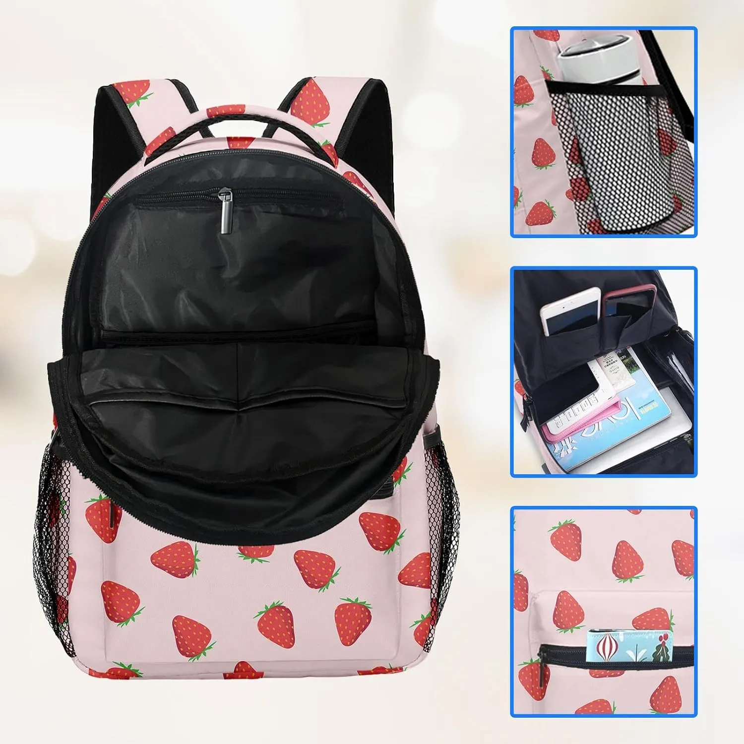Kids Backpack for Teens Girls Boys, Strawberry Fruit Flower Summer Red Pink Water Resistant Child Bookbag School Bag with Adjustable Padded Straps