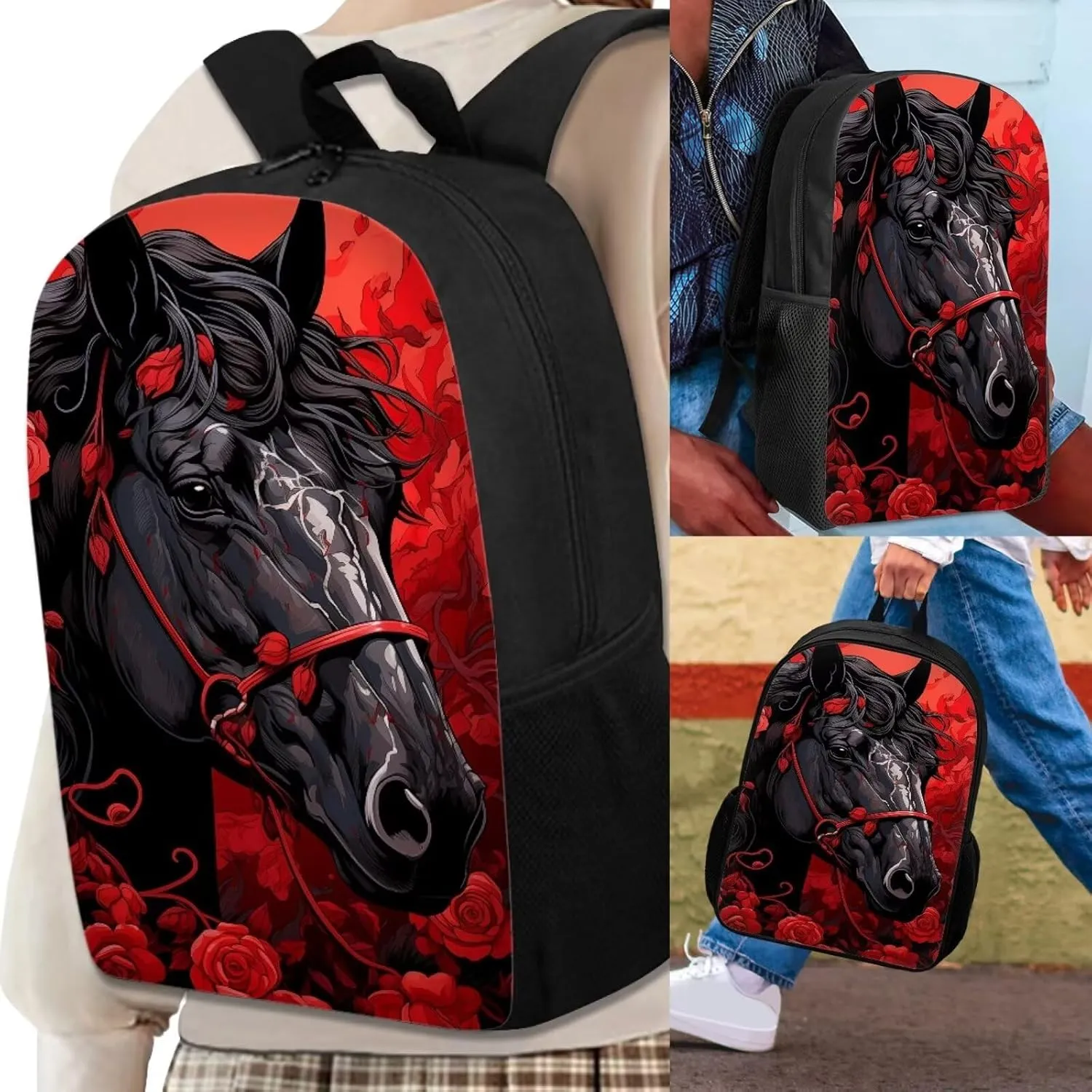 Kids Black Horse Red Rose School Bags Set, 17 Inch Hiking Backpack Bookbags Lunch Tote Bag Handbags Pen Cases for School Work Travel