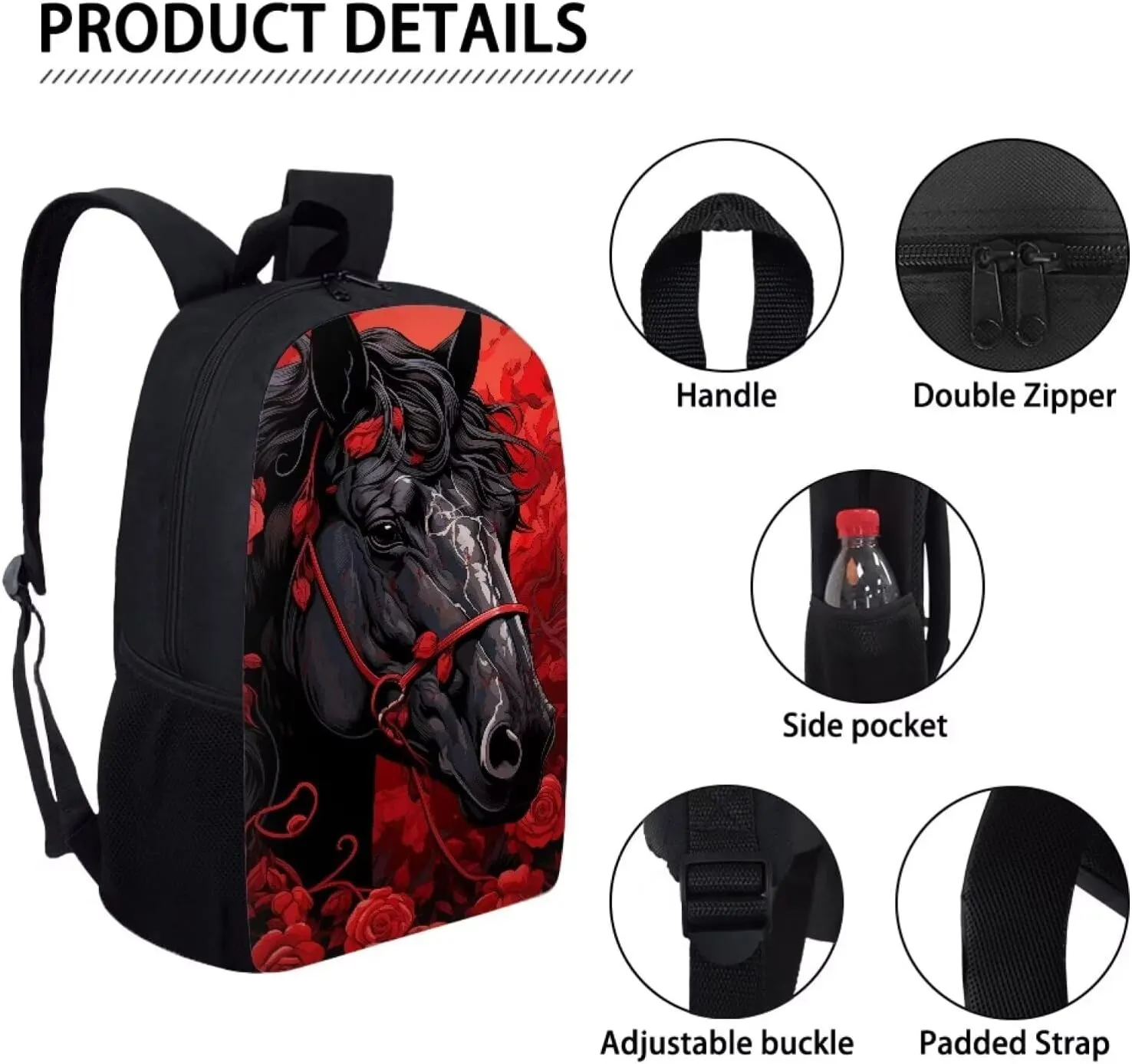 Kids Black Horse Red Rose School Bags Set, 17 Inch Hiking Backpack Bookbags Lunch Tote Bag Handbags Pen Cases for School Work Travel