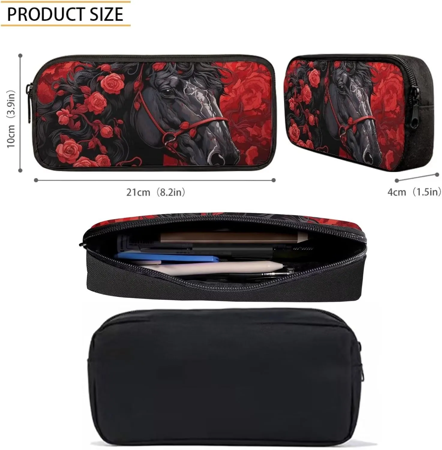 Kids Black Horse Red Rose School Bags Set, 17 Inch Hiking Backpack Bookbags Lunch Tote Bag Handbags Pen Cases for School Work Travel