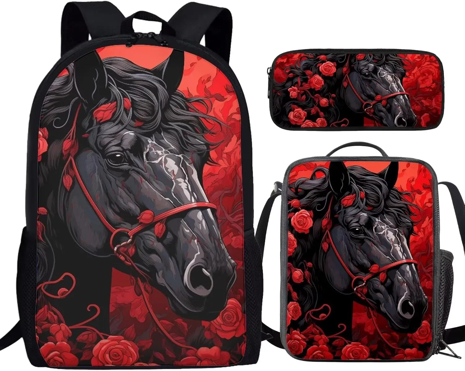 Kids Black Horse Red Rose School Bags Set, 17 Inch Hiking Backpack Bookbags Lunch Tote Bag Handbags Pen Cases for School Work Travel