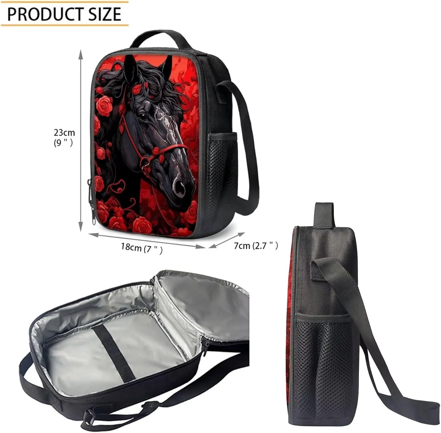 Kids Black Horse Red Rose School Bags Set, 17 Inch Hiking Backpack Bookbags Lunch Tote Bag Handbags Pen Cases for School Work Travel