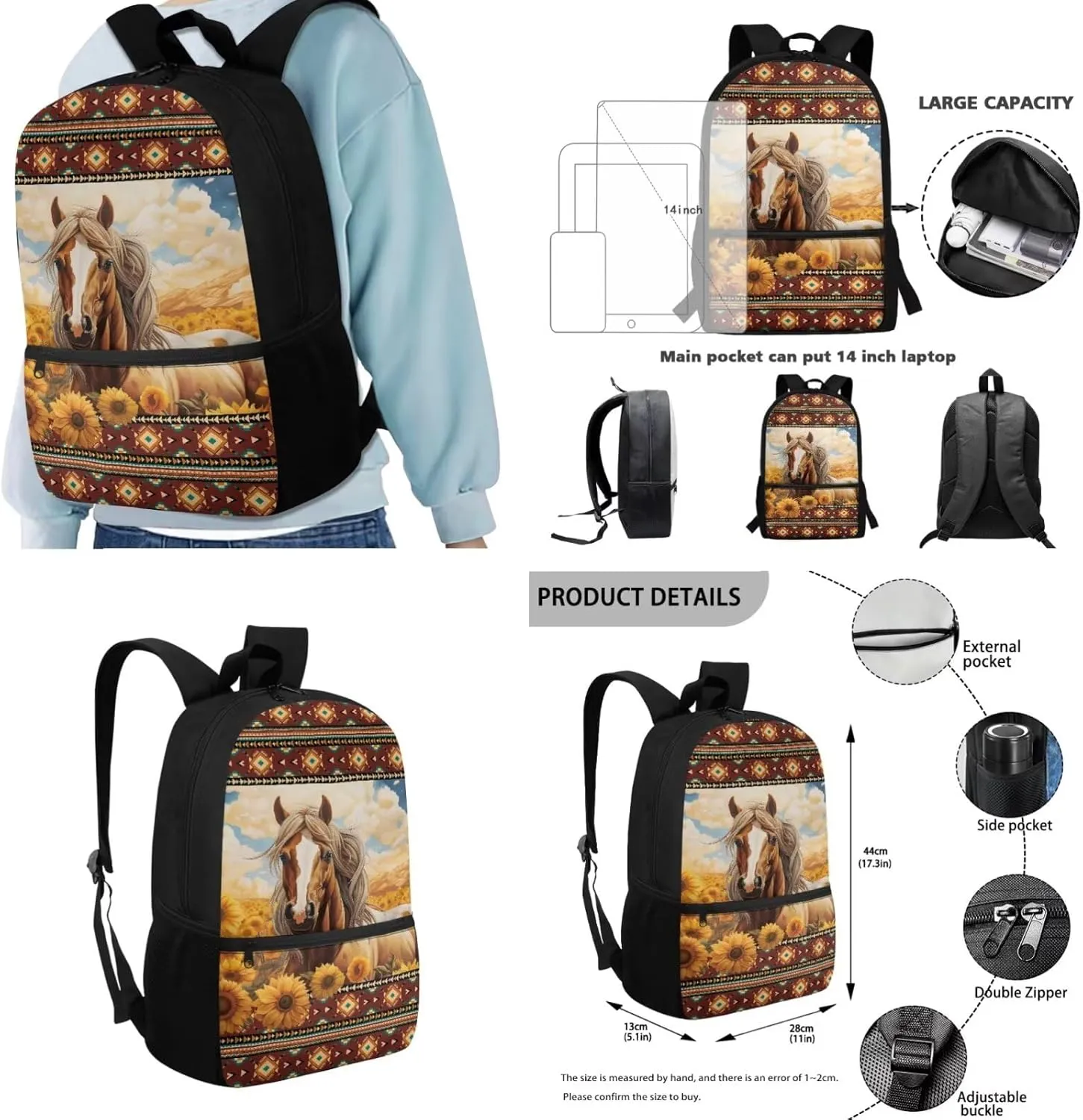 Kids Bookbag Set for 3rd Grade Girls 17 Inch Horse Backpack with Lunchbox and Water Bottle Holder Ages 8-10 Lightweight Casual Travel Rucksack