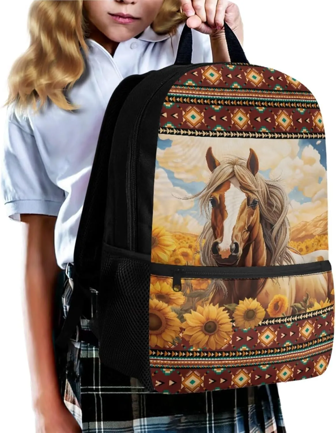 Kids Bookbag Set for 3rd Grade Girls 17 Inch Horse Backpack with Lunchbox and Water Bottle Holder Ages 8-10 Lightweight Casual Travel Rucksack