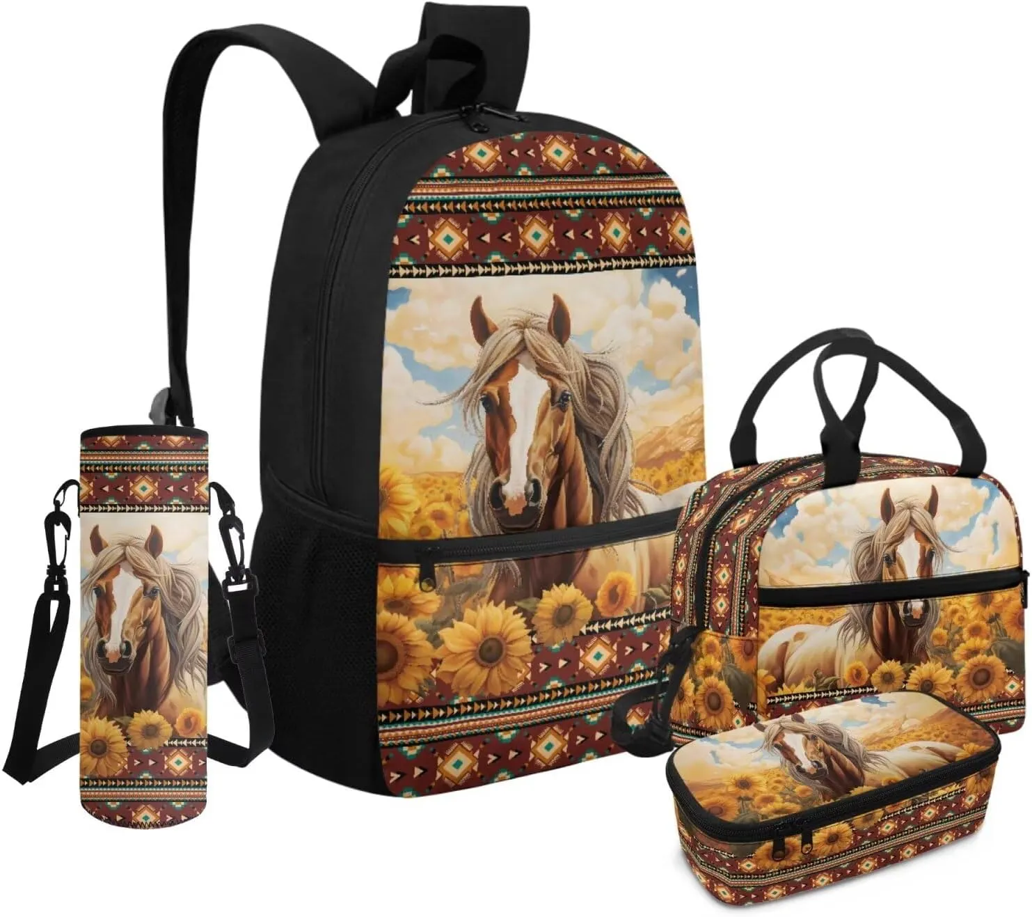 Kids Bookbag Set for 3rd Grade Girls 17 Inch Horse Backpack with Lunchbox and Water Bottle Holder Ages 8-10 Lightweight Casual Travel Rucksack